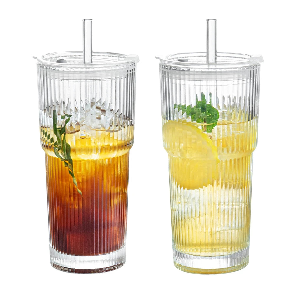 Stripe Glass Cup with Lid and Straw