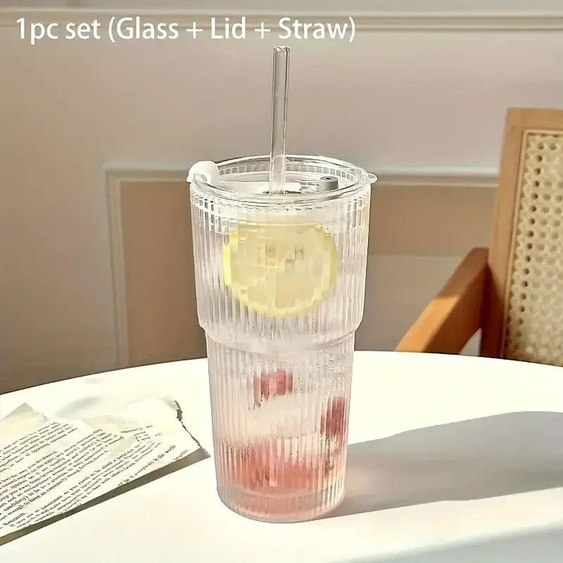 Stripe Glass Cup with Lid and Straw