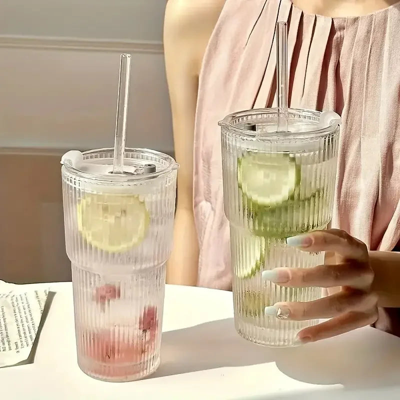 Stripe Glass Cup with Lid and Straw