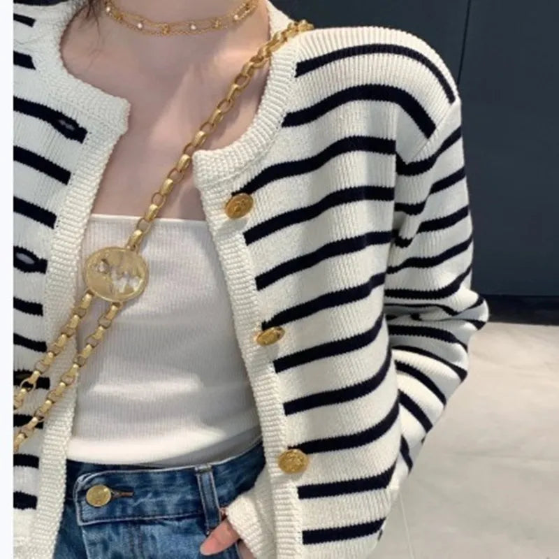 Women Stripe Knitted Cardigan