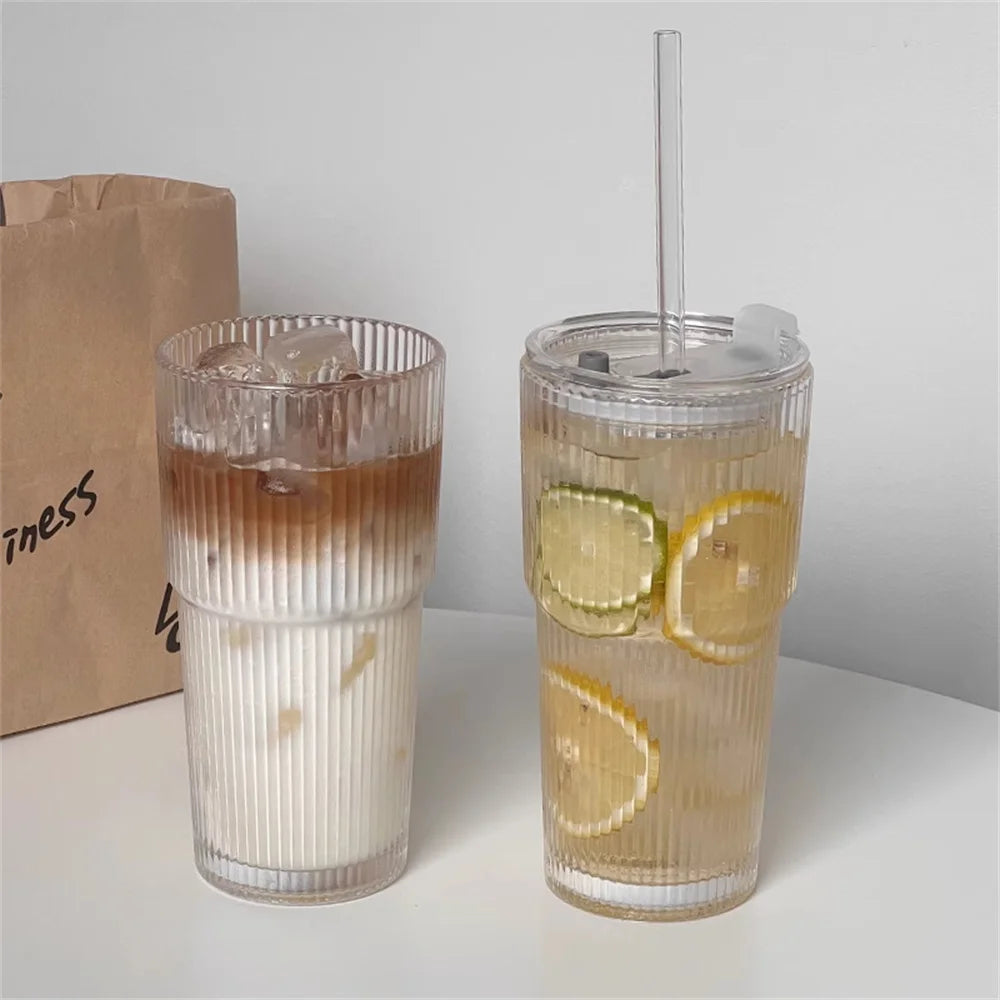 Stripe Glass Cup with Lid and Straw